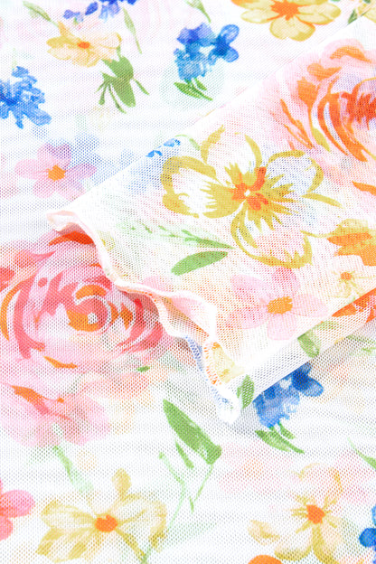 White Lettuce Trim Floral Print Sheer Mesh Long Sleeve Top