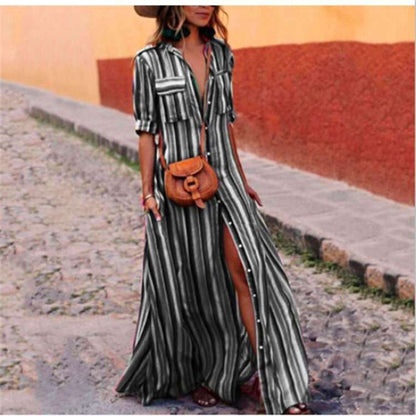 Women's Plus Size Boho Striped Shirt Maxi Dress