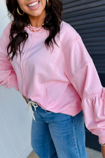Women's Lace Trim Raw Seam Balloon Sleeve Sweatshirt