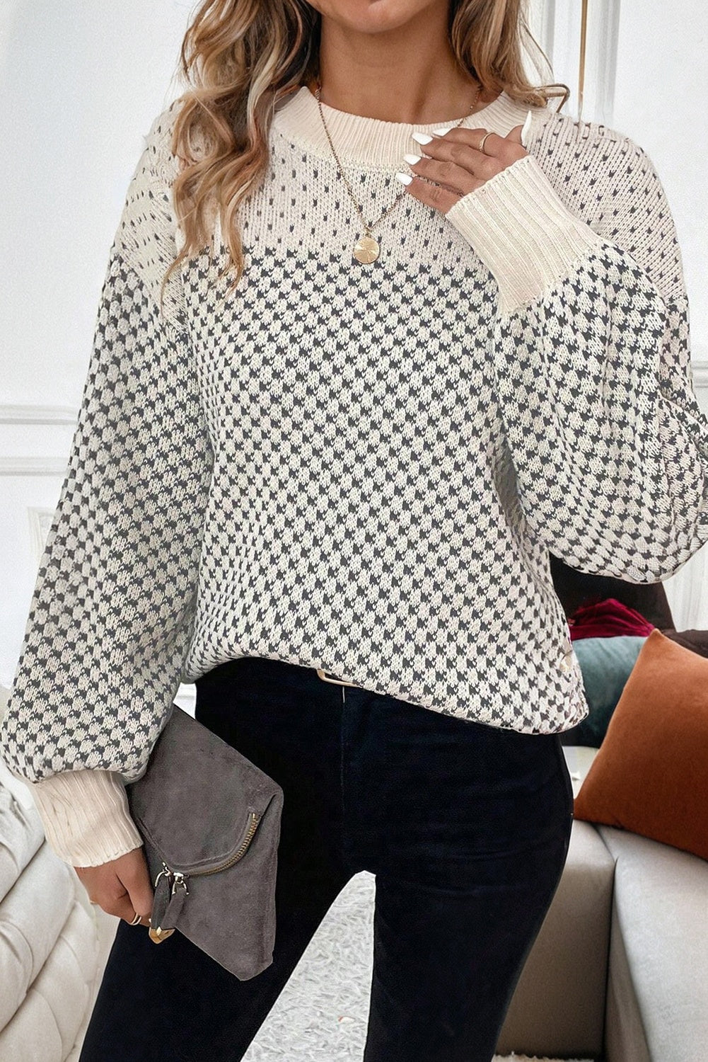 Black Contrast Color Pattern Lantern Sleeve Sweater