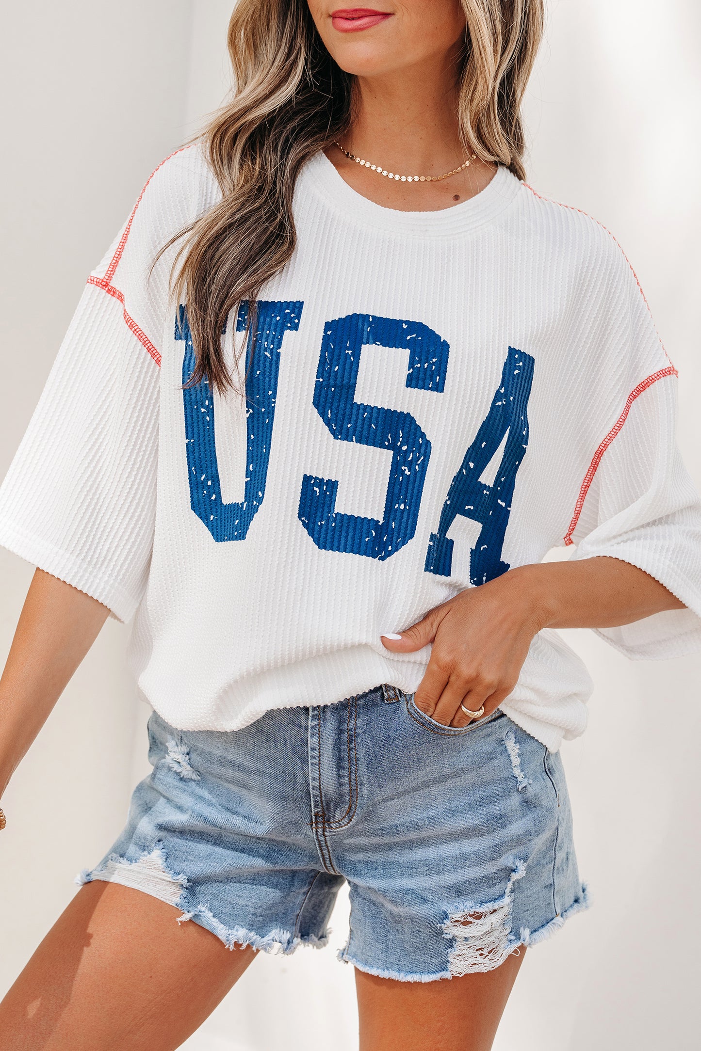 USA Ribbed Graphic Tee Loose Fit Flag Day July 4th