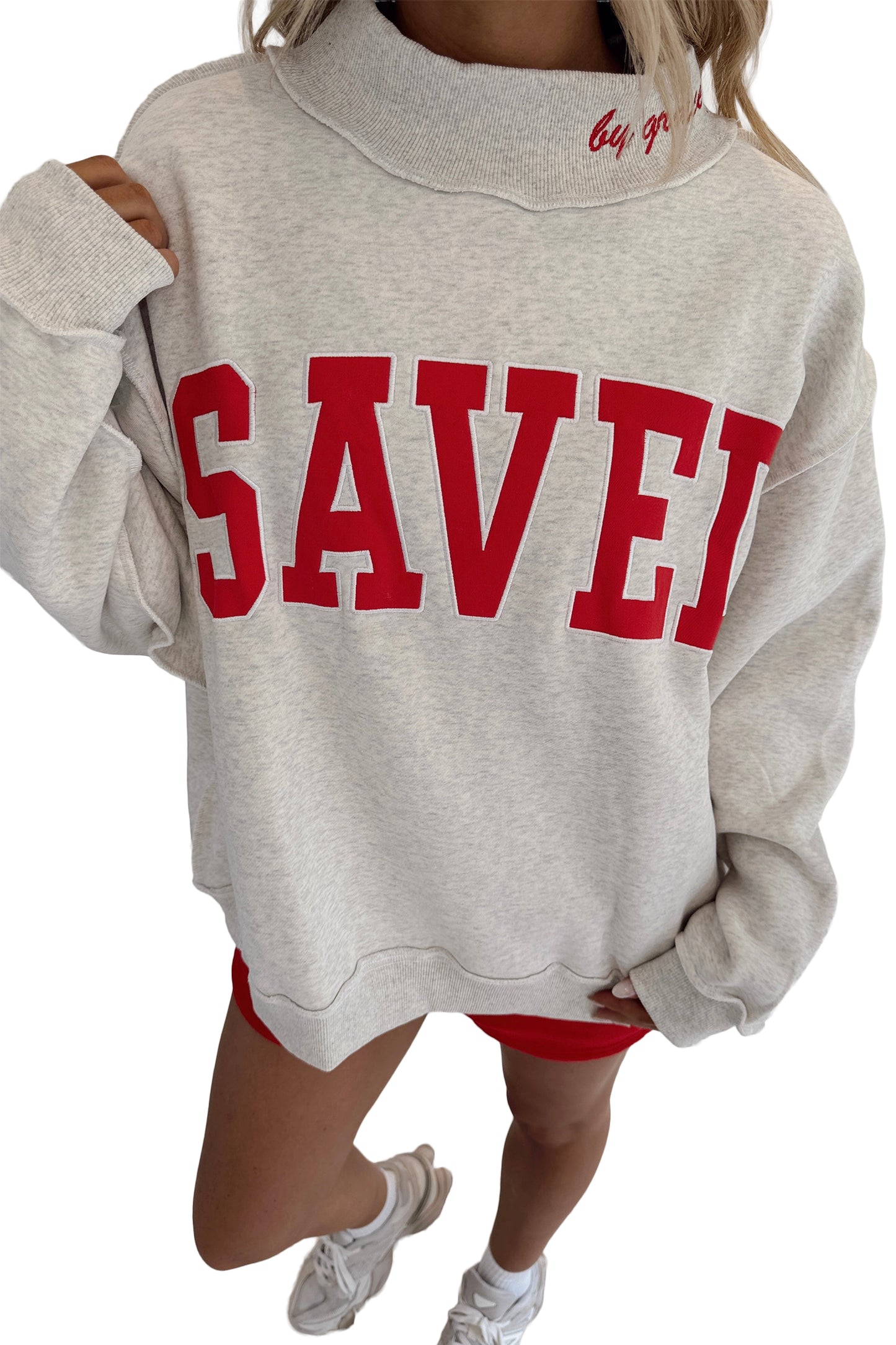 Saved By Grace Embroidered Mock Neck Sweatshirt