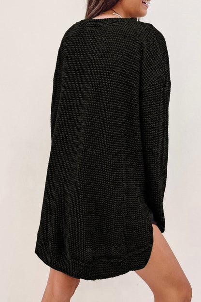 Black Waffle Knit Oversized Top with Side Slits