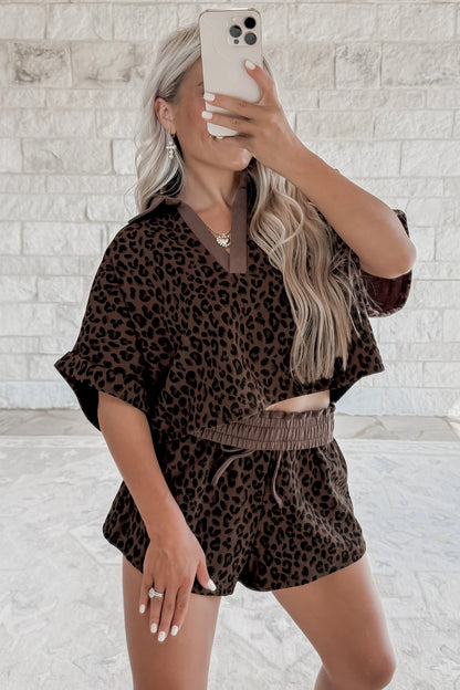 Brown Leopard Collared V Neck Top & Shorts Set