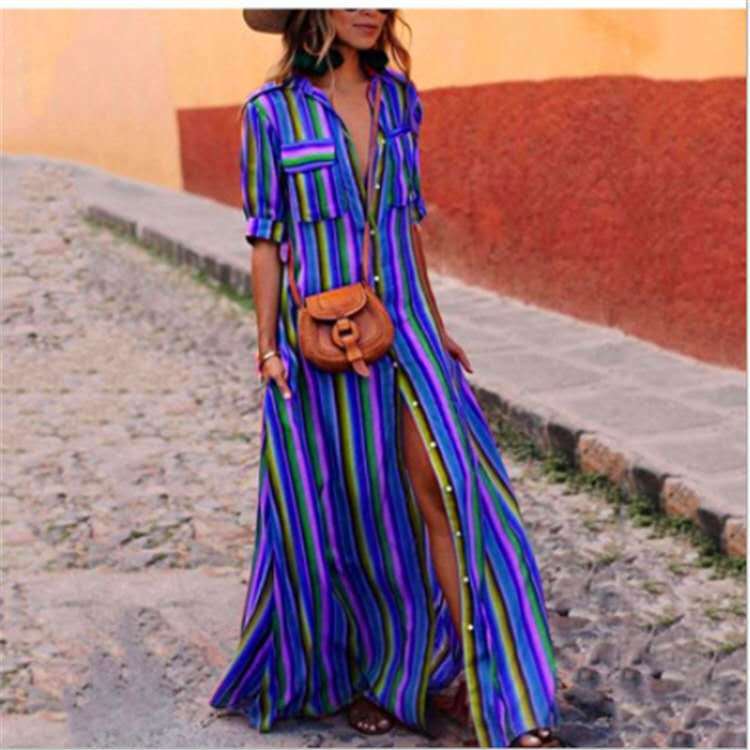 Women's Plus Size Boho Striped Shirt Maxi Dress