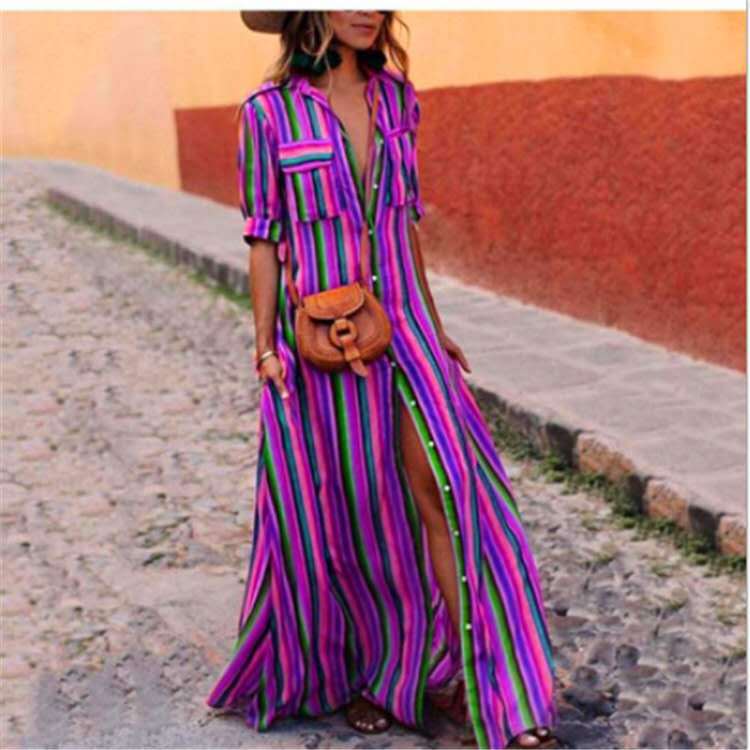 Women's Plus Size Boho Striped Shirt Maxi Dress