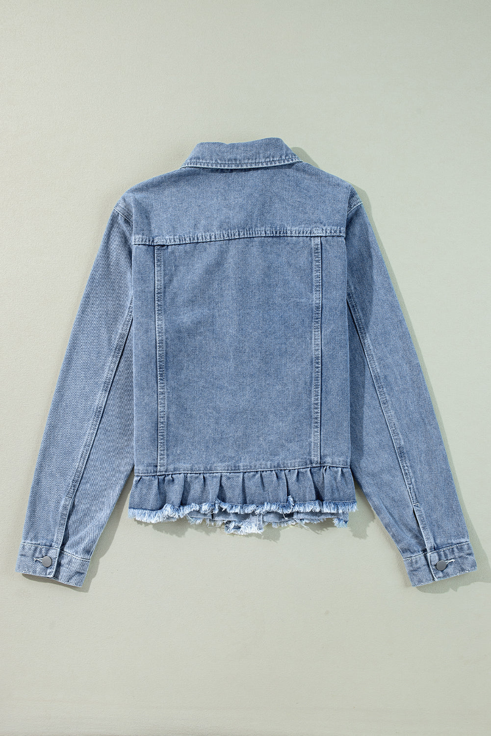 Beau Blue Ruffle Raw Hem Flap Pocket Denim Jacket