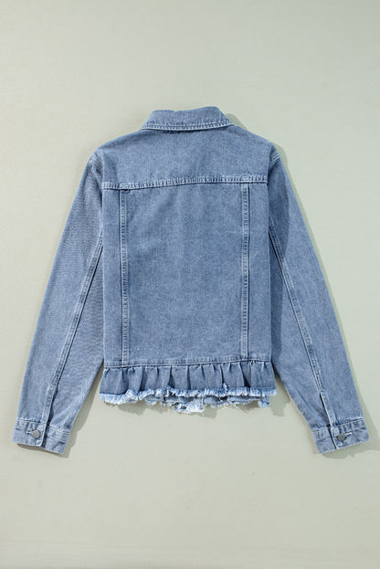 Beau Blue Ruffle Raw Hem Flap Pocket Denim Jacket