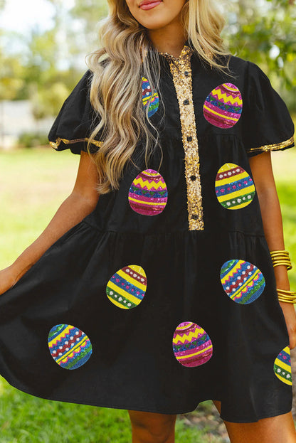 Black Easter Egg Sequin Trim Puff Sleeve Babydoll Dress