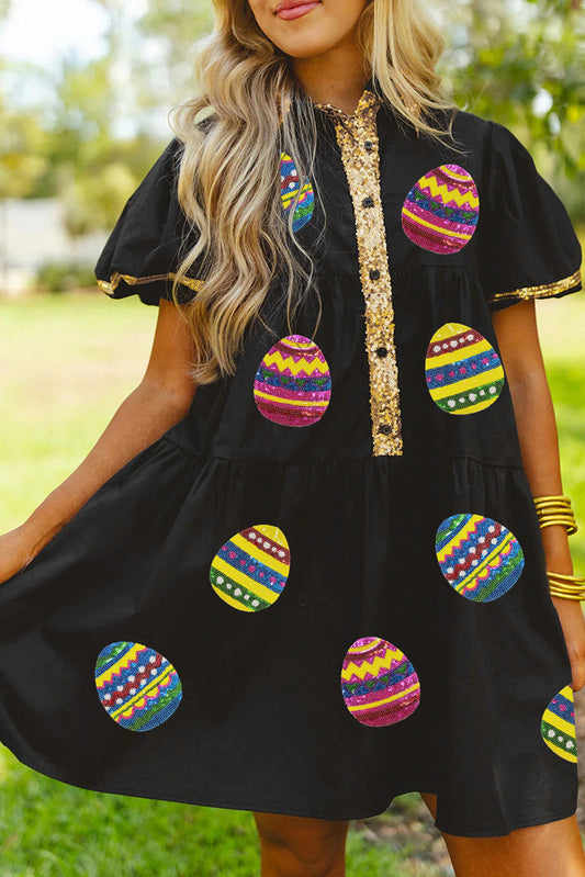 Black Easter Egg Sequin Trim Puff Sleeve Babydoll Dress