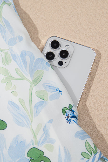 Sky Blue Floral Ruffle Sleeve Tie Neck Mini Dress