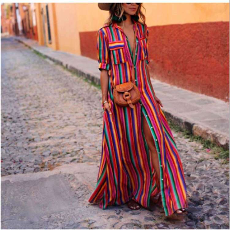 Women's Plus Size Boho Striped Shirt Maxi Dress
