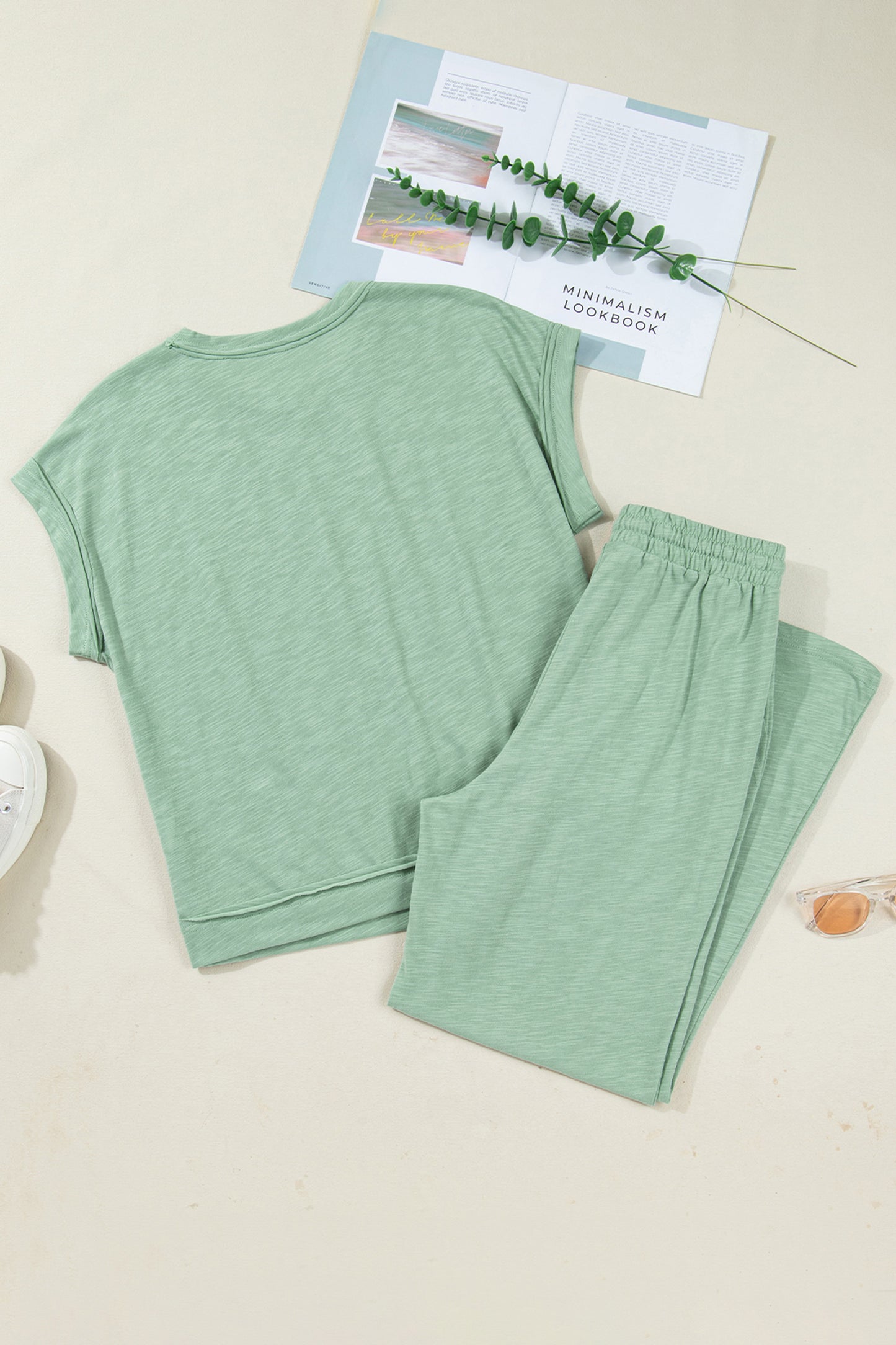 Cuffed Short Sleeve Tee Raw Seam Pocket Drawstring Pants Set