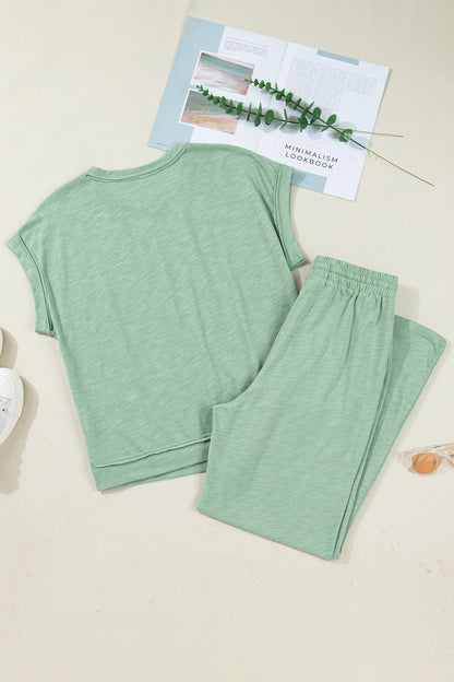 Cuffed Short Sleeve Tee Raw Seam Pocket Drawstring Pants Set