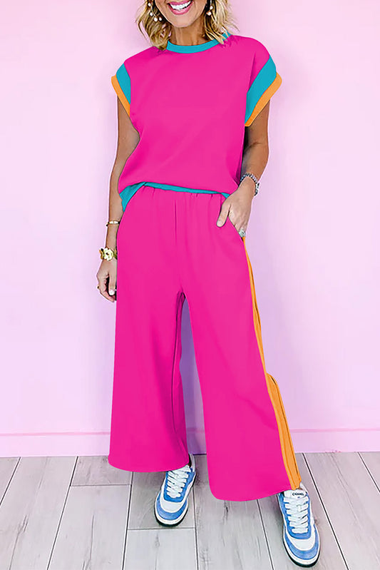 Color Block Lounge Set Wide Leg Pants 2 Piece