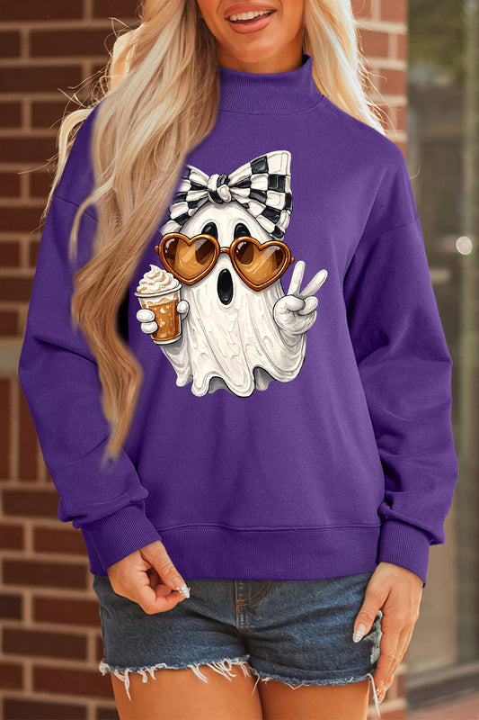 Halloween Ghost Graphic Mock Neck Sweatshirt