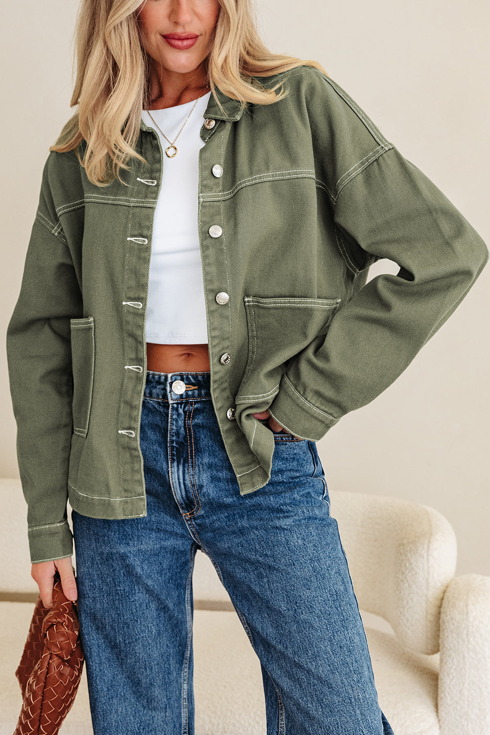 Contrast Stitch Patch Pocket Boyfriend Denim Jacket