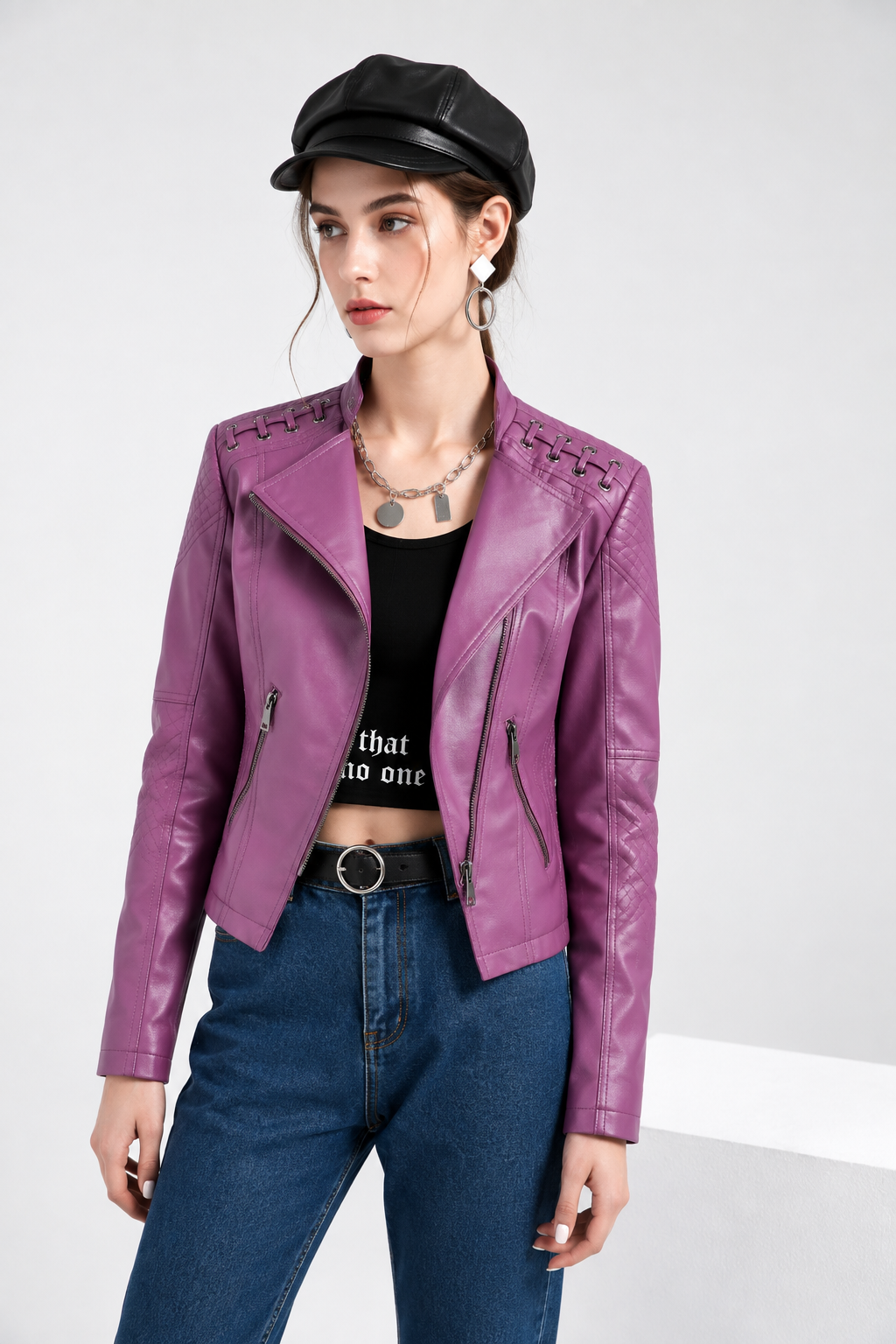 Womens Faux Leather Moto Jacket Slim Fit
