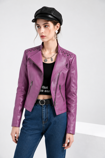 Womens Faux Leather Moto Jacket Slim Fit