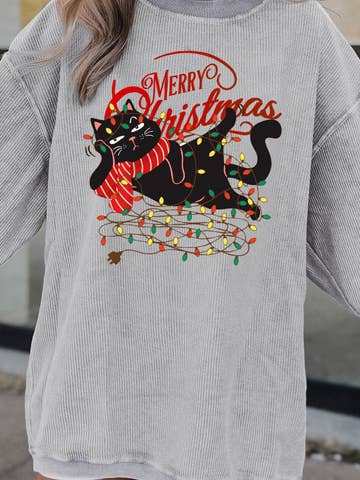 Christmas Cat Graphic Light String Corded Pullover Sweatshirt