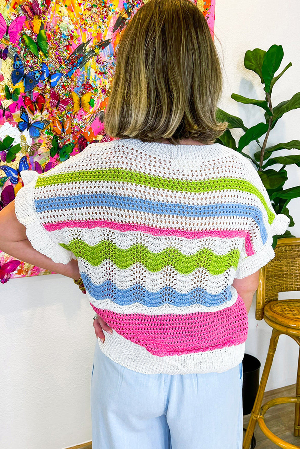 Retro Colorblock Crochet Knit Top with Ruffle Sleeves