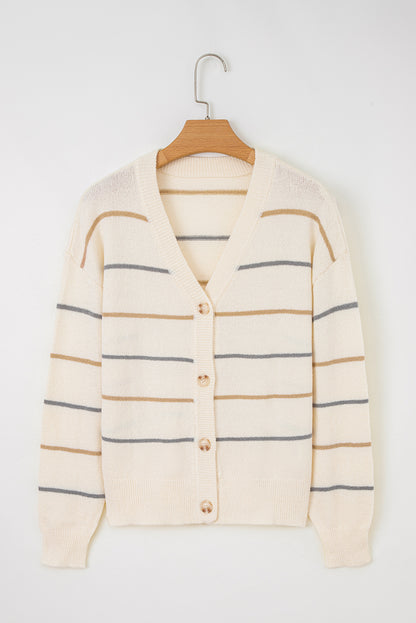 Women’s Striped V Neck Button Front Drop Shoulder Cardigan
