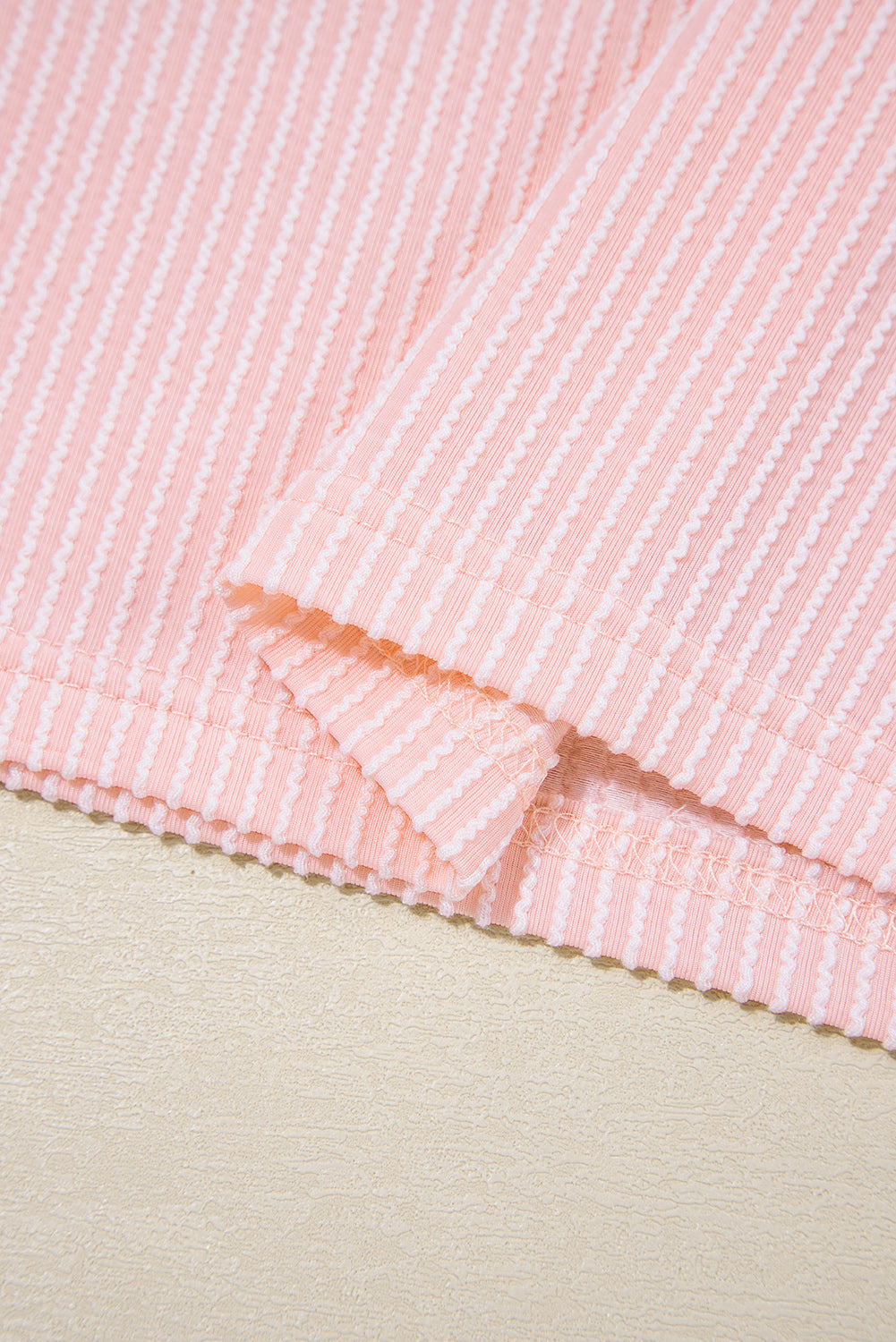 Pink Striped Textured Knit Pocket Casual Tee