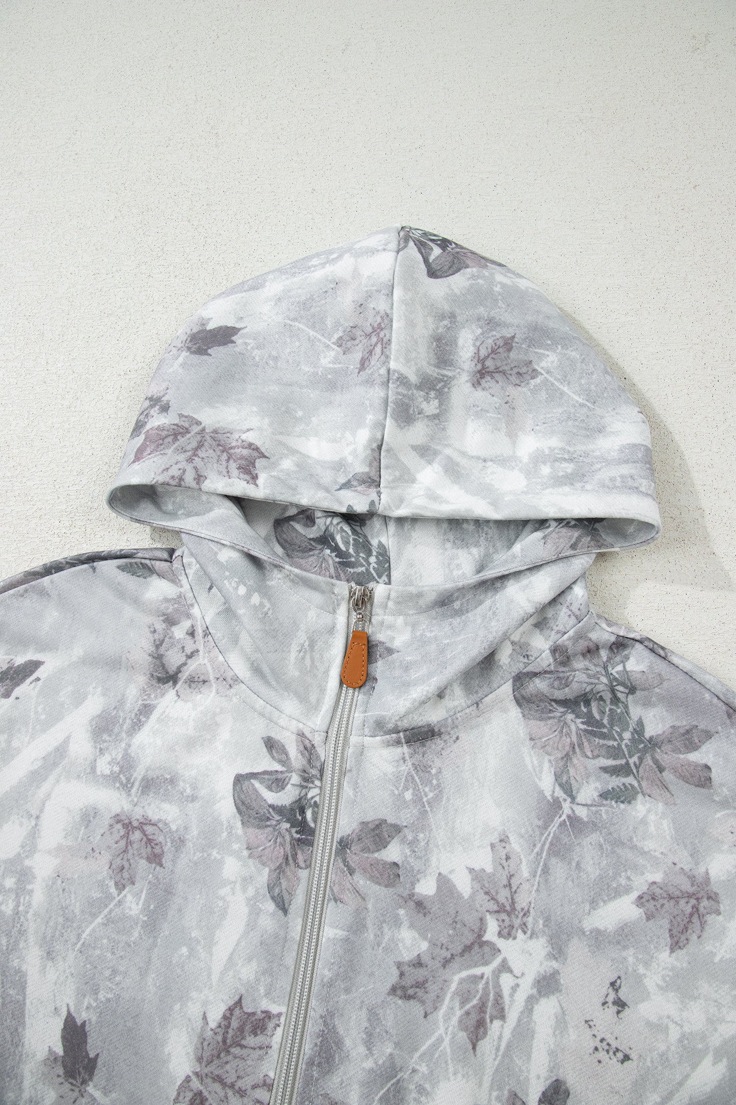 Gray Camo Leaf Print Quarter Zip Hoodie with Pocket