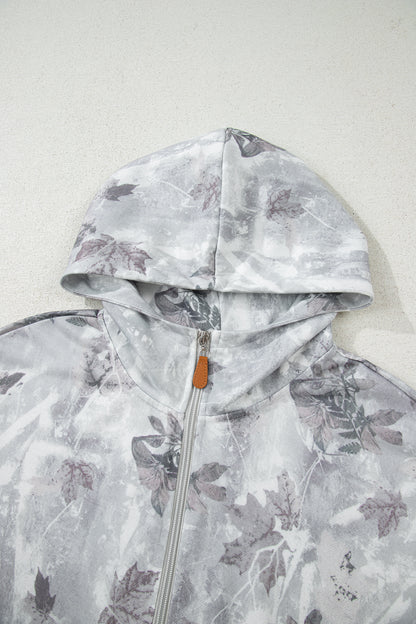 Gray Camo Leaf Print Quarter Zip Hoodie with Pocket