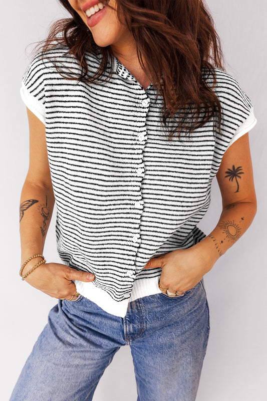 Striped Knit Cap Sleeve Button Down Casual Cardigan Top