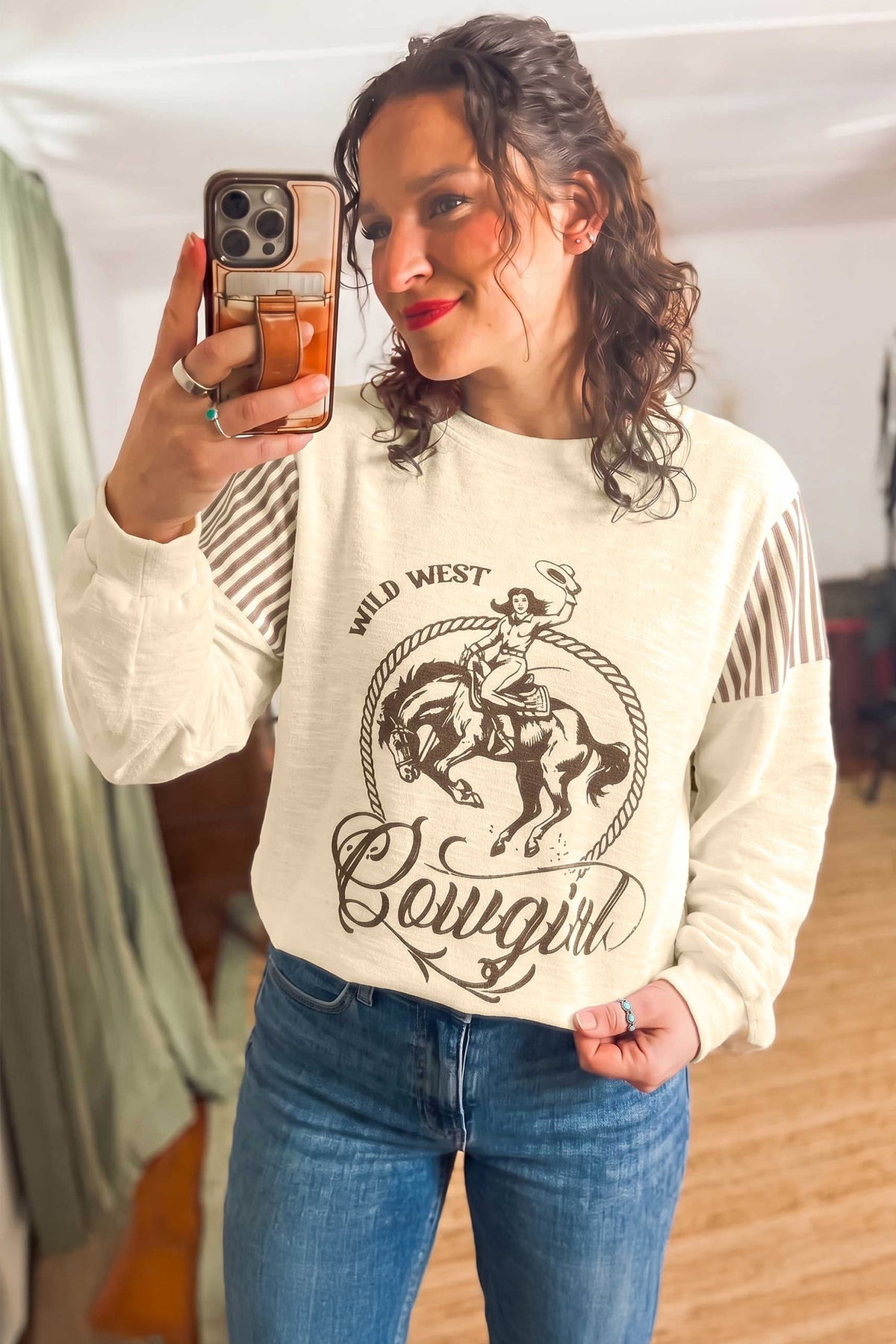 Women's Western Cowgirl Graphic Striped Sleeve Sweatshirt