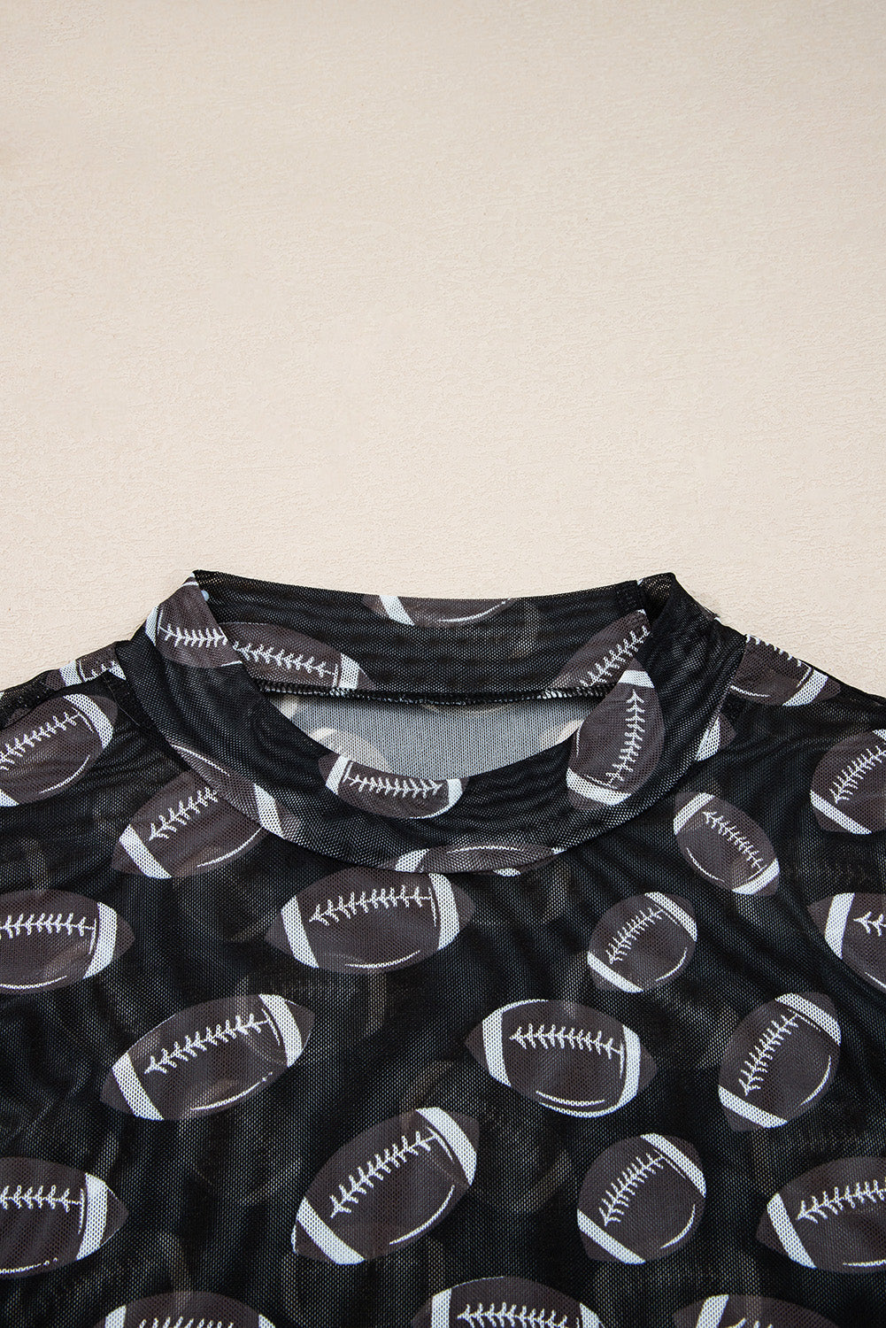 Football Print Mesh Mock Neck Game Day Long Sleeve Top