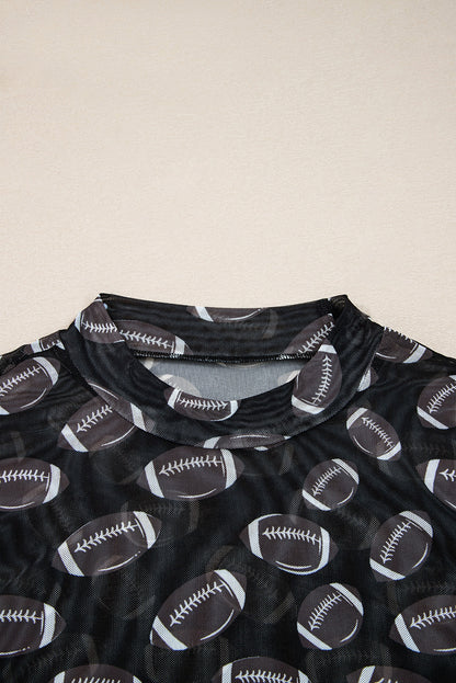 Football Print Mesh Mock Neck Game Day Long Sleeve Top