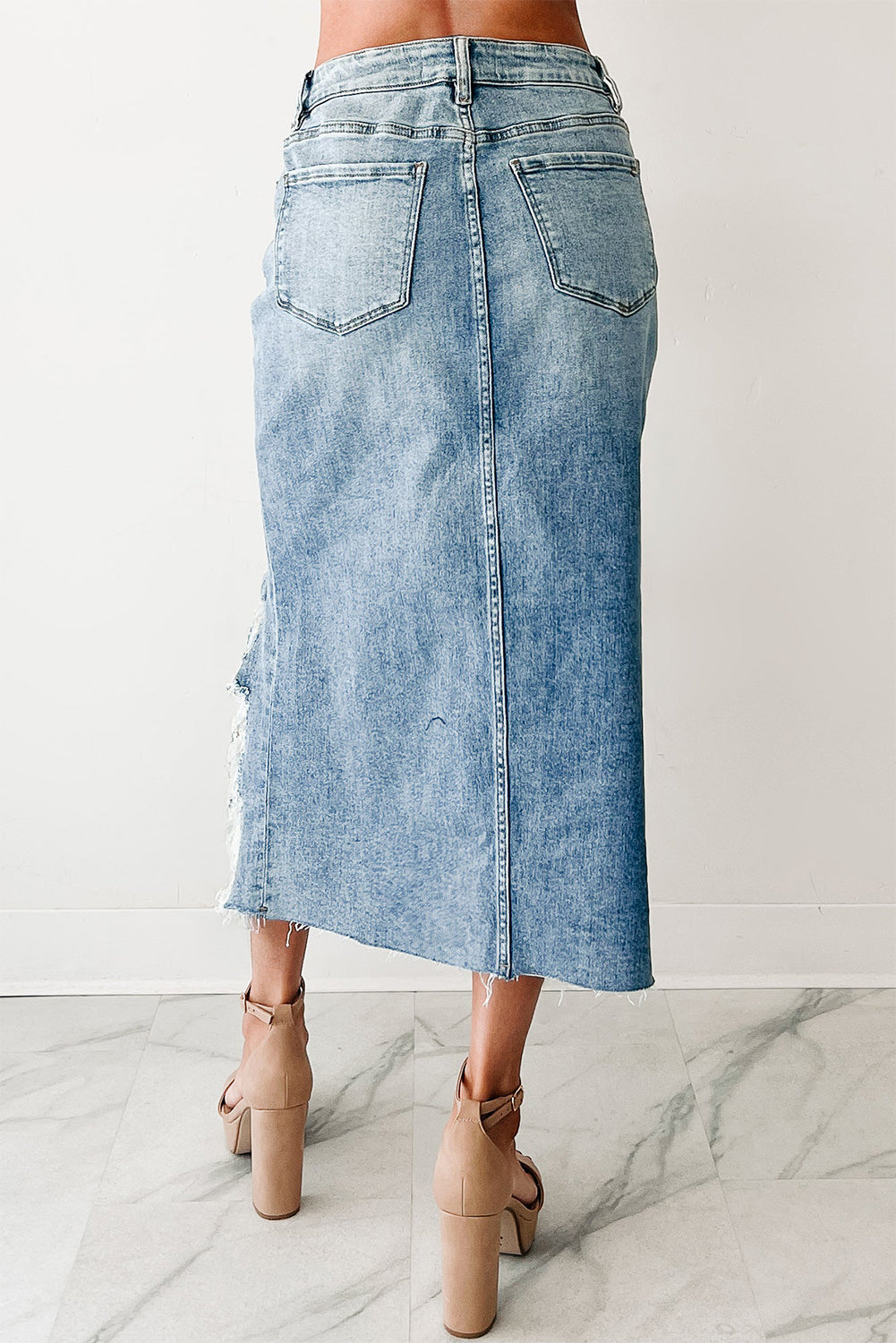 Distressed High Waist Asymmetrical Denim Midi Skirt