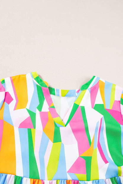 Green Abstract Print Tiered V Neck Ruffle Sleeve Dress