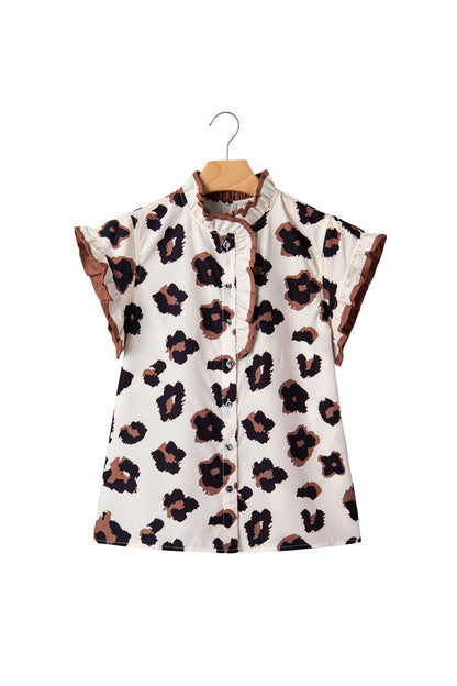 Khaki Leopard Printed Ruffle Sleeve Summer Blouse