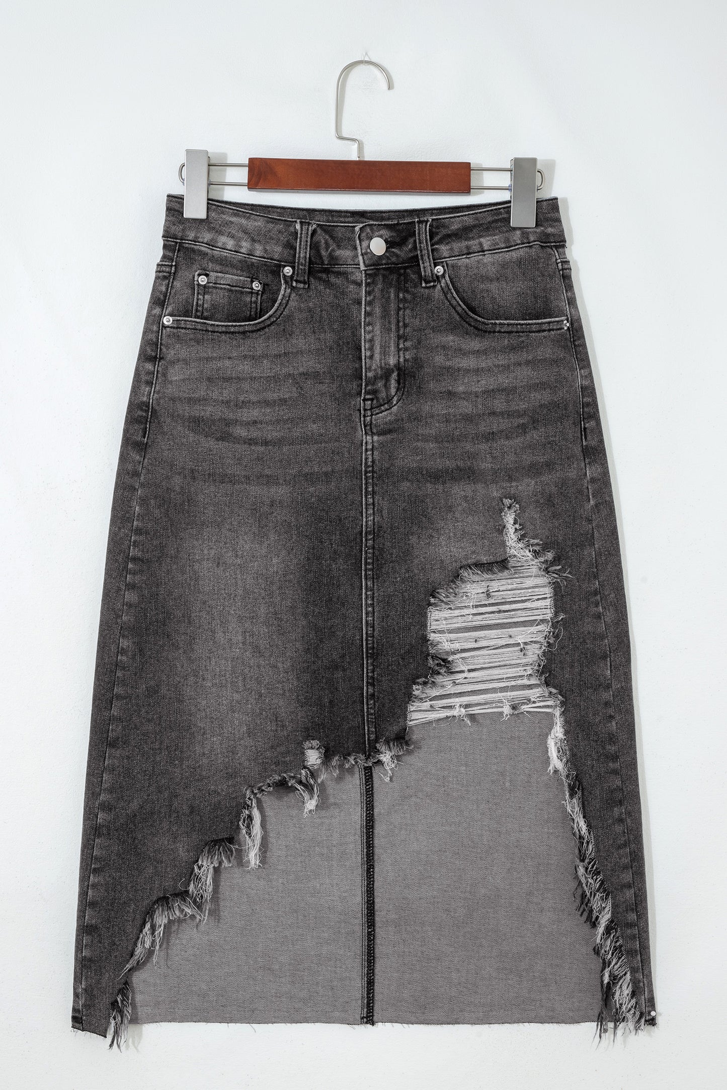 Distressed High Waist Asymmetrical Denim Midi Skirt