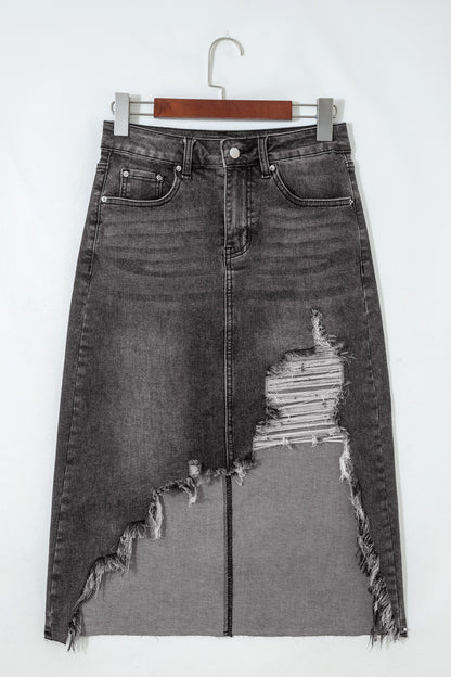Distressed High Waist Asymmetrical Denim Midi Skirt