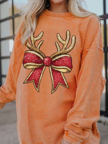 Christmas Antler Bow Graphic Corded Pullover Sweatshirt