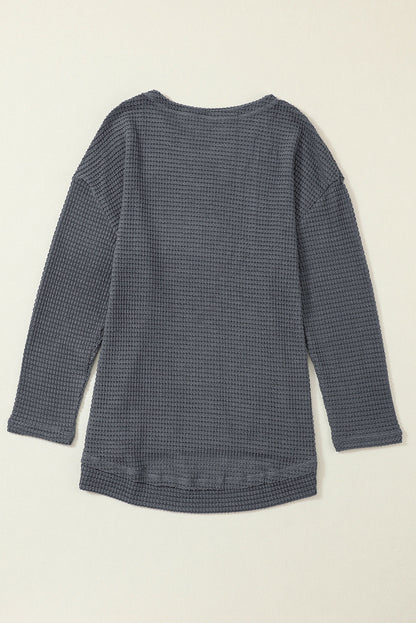 Black Waffle Knit Oversized Top with Side Slits