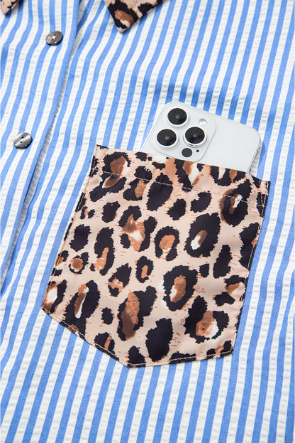 Black Striped Leopard Print Patchwork Button Up Womens Shirt