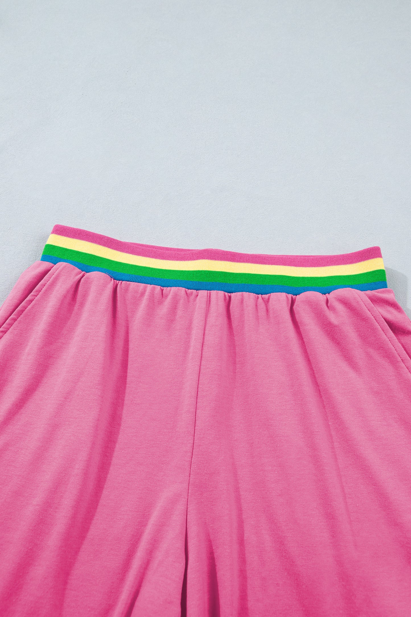 Bright Pink Lounge Set Rainbow Waistband Tee and Shorts