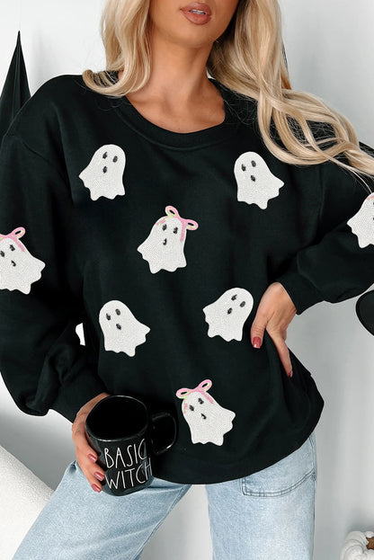 Black Sequin Ghost Bow Halloween Crew Neck Pullover Sweatshirt