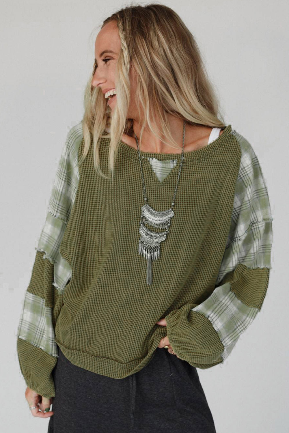 Green Plaid Patch Waffle Knit Exposed Seam Bubble Sleeve Top