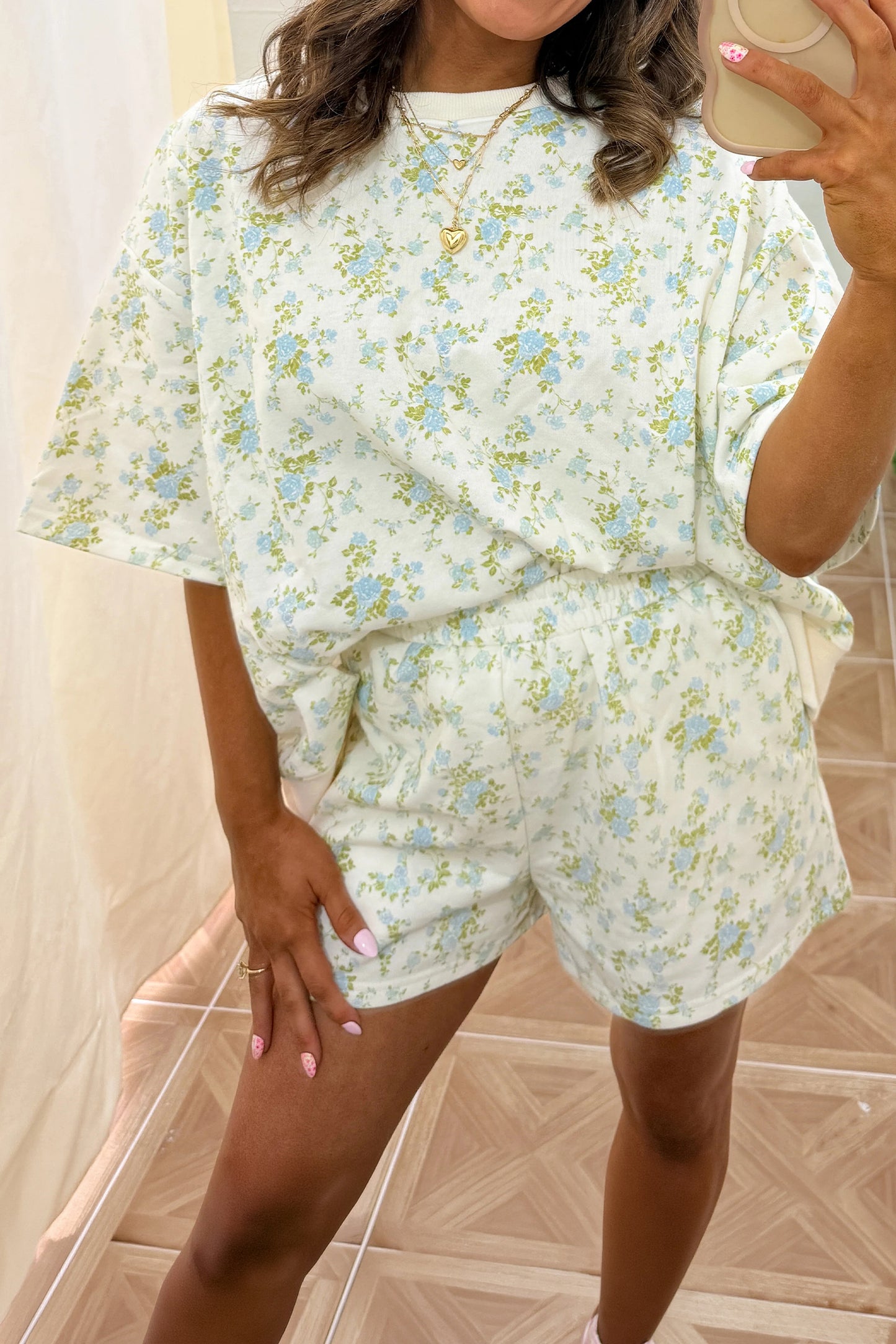 Floral Short Sleeve Lounge Set Women Pocket Shorts Set