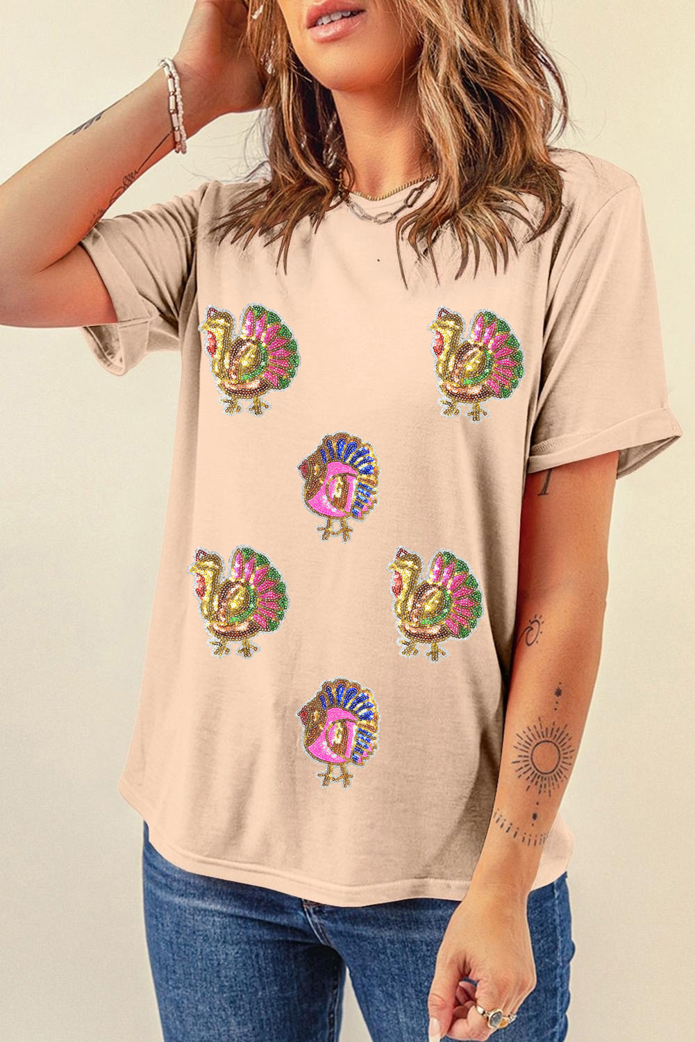Khaki Sequin Turkey Graphic Crewneck Tee for Thanksgiving