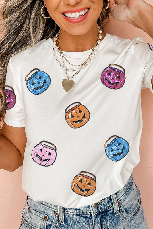 White Sequin Pumpkin Face Patched Crew Neck Halloween T-Shirt