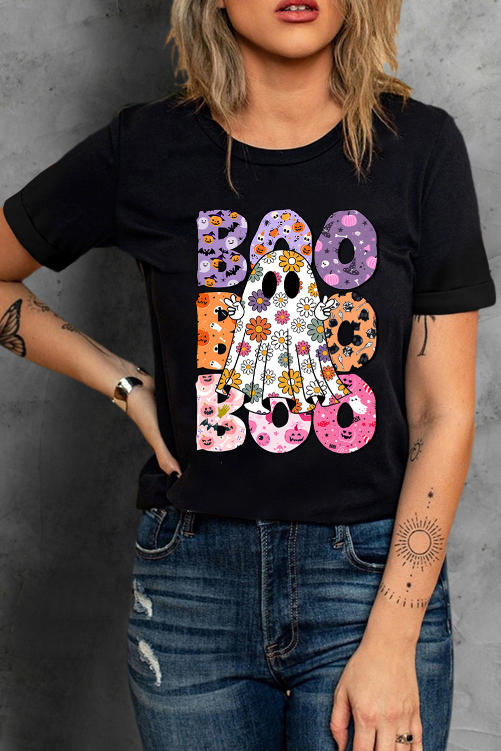 Black BOO Ghost Halloween Floral Graphic T Shirt