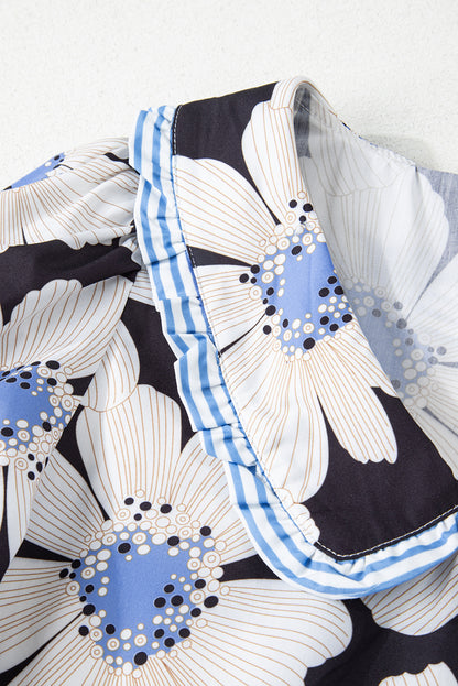 Floral Print Blouse Women Tie Sleeve Collared Top