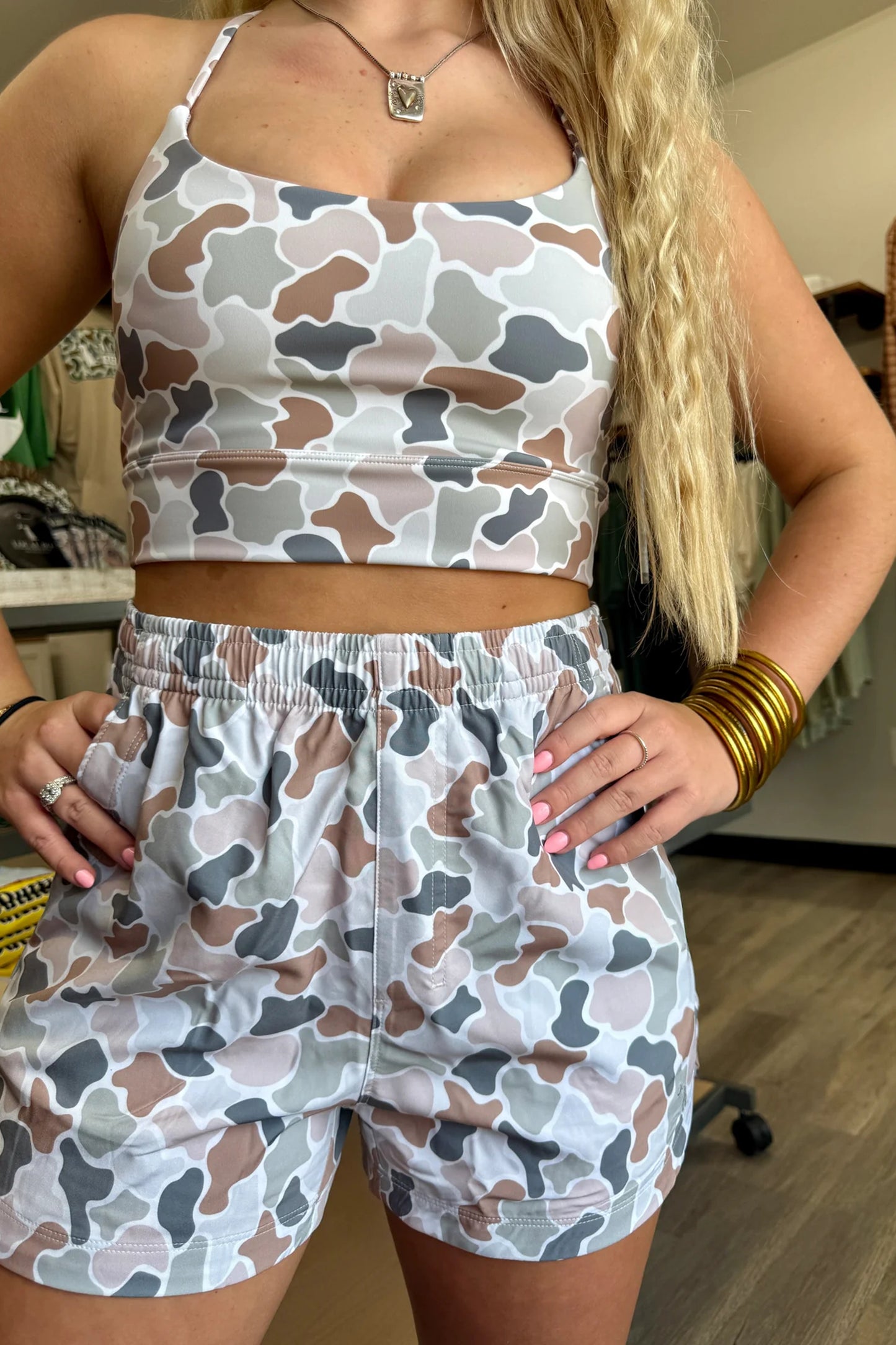 Camo Print Crop Tank and Shorts Set Athleisure Outfit